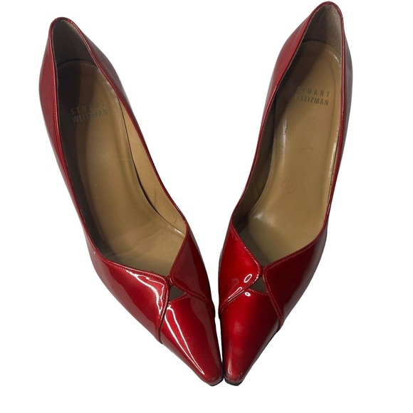 Stuart Weitzman SZ 6.5 Red Patent Leather Pointed Toe Candy Apple Slip on Pumps - Picture 10 of 10